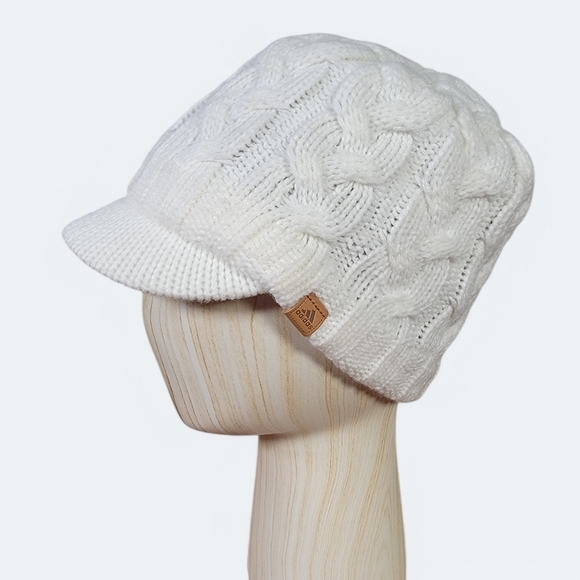 Adidas White Cable Knit Cap with Brim Fleece lined Winter Warm Cozy Women's OS - Picture 13 of 13